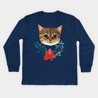 Tabby Cat With Flowers Kids Long Sleeve T-Shirt